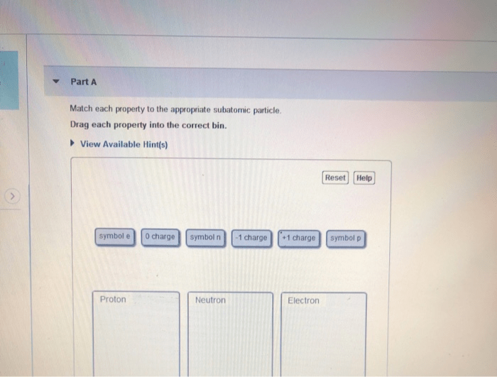 Match each property to the appropriate subatomic particle